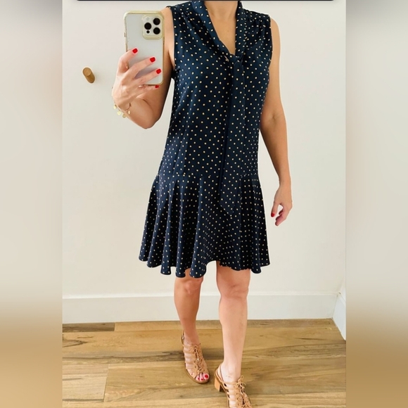 Chic Navy Polka Dot Mini Dress - Picture 6 of 11